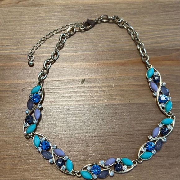 Gold Tone Faux Turquoise Multi Gemstone Rhinestone 14 Inch Choker Necklace - Picture 6 of 10